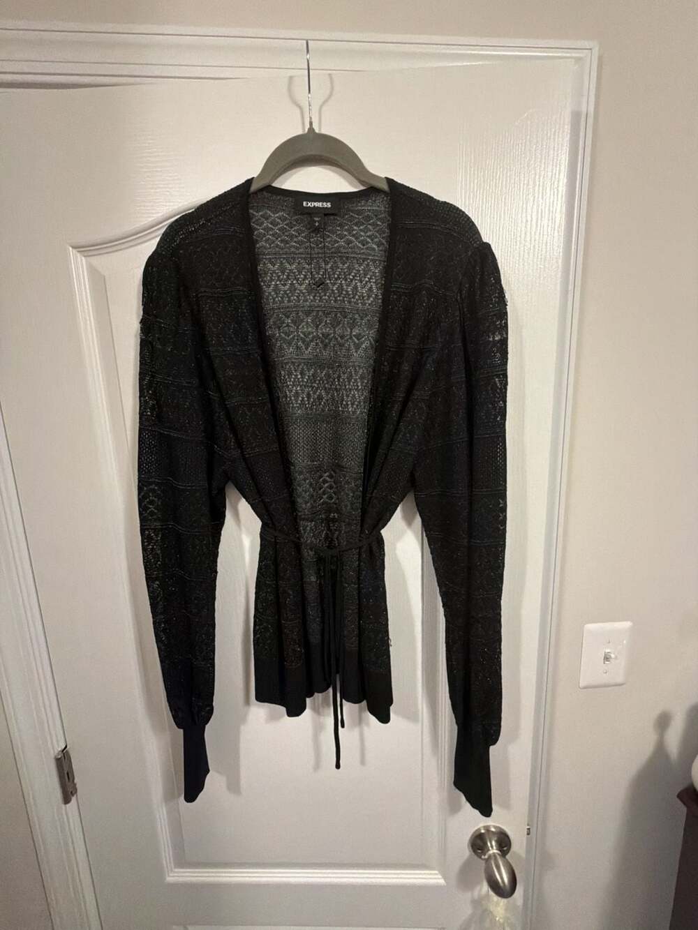 Express Black Metallic Crochet Knit Open Cardigan With Tie Front